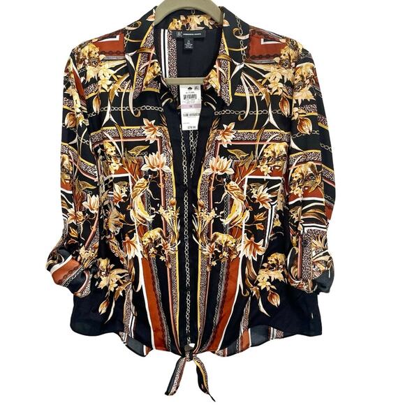 NEW INC Women’s Front Tie Button-Front Collared Leopard Floral Print Blouse - XL - Picture 1 of 10